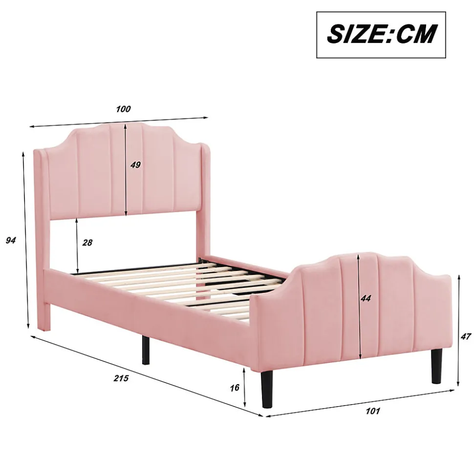 Lit 90x200 cm avec tête et pied rembourrés en velours rose, cadre MDF solide et 12 lattes renforcées