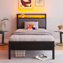 Lit 90x200 cm avec tête haute rembourrée, LED intégrées et station de charge USB, cadre métal noir