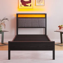 Lit 90x200 cm avec tête haute rembourrée, LED intégrées et station de charge USB, cadre métal noir