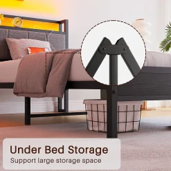 Lit 90x200 cm avec tête haute rembourrée, LED intégrées et station de charge USB, cadre métal noir