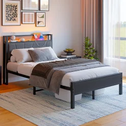 Lit 120x200 cm avec tête haute rembourrée et cadre métal, LED multicolores pilotables et station USB