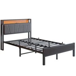 Lit 120x200 cm avec tête haute rembourrée et cadre métal, LED multicolores pilotables et station USB