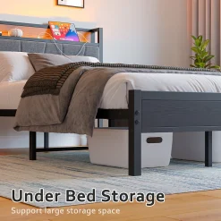 Lit 120x200 cm avec tête haute rembourrée et cadre métal, LED multicolores pilotables et station USB