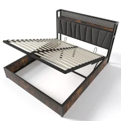 Lit 180x200 cm avec tête LED RGBW, prises et ports USB intégrés, cadre métal gris et rangement sous sommier