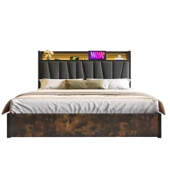 Lit 180x200 cm avec tête LED RGBW, prises et ports USB intégrés, cadre métal gris et rangement sous sommier