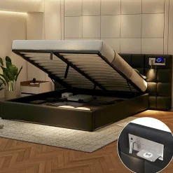 Lit 180x200 cm avec tête rembourrée, rangement hydraulique, port USB et recharge sans fil, PU noir