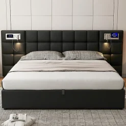 Lit 180x200 cm avec tête rembourrée, rangement hydraulique, port USB et recharge sans fil, PU noir