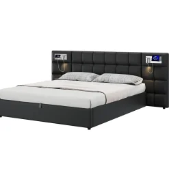 Lit 180x200 cm avec tête rembourrée, rangement hydraulique, port USB et recharge sans fil, PU noir