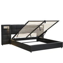 Lit 180x200 cm avec tête rembourrée, rangement hydraulique, port USB et recharge sans fil, PU noir
