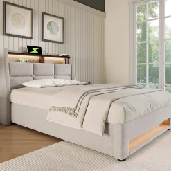 Lit 90x200 cm avec tête rembourrée en lin et éclairage LED multicolore, style vintage, finitions soignées