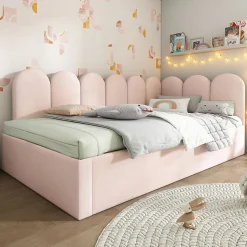 Lit 90x200 cm banquette tapissée velours rose avec lit gigogne 90x190 cm, cadre métal, dossier matelassé