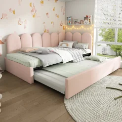 Lit 90x200 cm banquette tapissée velours rose avec lit gigogne 90x190 cm, cadre métal, dossier matelassé