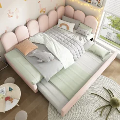 Lit 90x200 cm banquette tapissée velours rose avec lit gigogne 90x190 cm, cadre métal, dossier matelassé