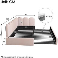 Lit 90x200 cm banquette tapissée velours rose avec lit gigogne 90x190 cm, cadre métal, dossier matelassé