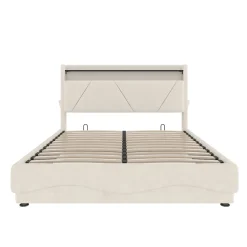 Lit 140x200 cm beige avec LED, ports USB-C, rangement sous le lit et tête de lit design