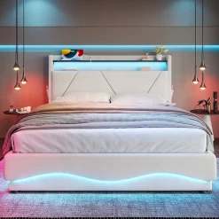 Lit 140x200 cm beige avec LED, ports USB-C, rangement sous le lit et tête de lit design
