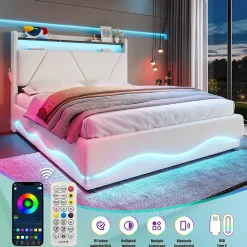 Lit 160x200 cm beige avec LED, ports USB-C, rangement sous le lit et tête de lit design