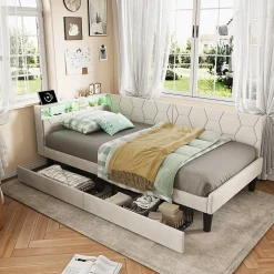 Lit 90x200 cm beige en velours avec tiroirs et rangement, tête de lit LED, ports USB/Type-C, convertible en canapé ou lit simple