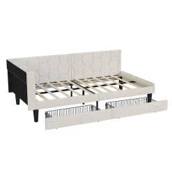 Lit 90x200 cm beige en velours avec tiroirs et rangement, tête de lit LED, ports USB/Type-C, convertible en canapé ou lit simple