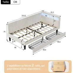 Lit 90x200 cm beige en velours avec tiroirs et rangement, tête de lit LED, ports USB/Type-C, convertible en canapé ou lit simple