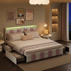 Lit 140x190 cm blanc/rose en velours avec 4 tiroirs, LED 7 couleurs, ports USB, confort et rangement, style moderne