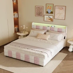 Lit 140x190 cm blanc/rose en velours avec 4 tiroirs, LED 7 couleurs, ports USB, confort et rangement, style moderne
