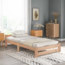 Lit 90x200 cm bois massif, cadre avec sommier à lattes et tête de lit, adapté enfants, ados et adultes, couleur naturel