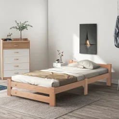 Lit 90x200 cm bois massif, cadre avec sommier à lattes et tête de lit, adapté enfants, ados et adultes, couleur naturel