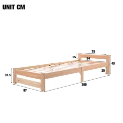 Lit 90x200 cm bois massif, cadre avec sommier à lattes et tête de lit, adapté enfants, ados et adultes, couleur naturel