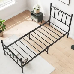 Lit 90x200 cm cadre metal noir avec tete et pied hauts, lattes acier robustes et rangement sous lit 27 cm