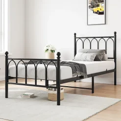 Lit 90x200 cm cadre metal noir avec tete et pied hauts, lattes acier robustes et rangement sous lit 27 cm