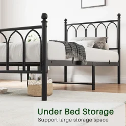 Lit 90x200 cm cadre metal noir avec tete et pied hauts, lattes acier robustes et rangement sous lit 27 cm