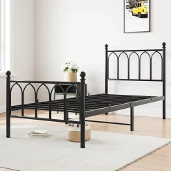 Lit 90x200 cm cadre metal noir avec tete et pied hauts, lattes acier robustes et rangement sous lit 27 cm