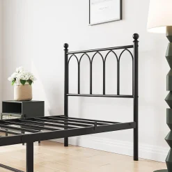 Lit 90x200 cm cadre metal noir avec tete et pied hauts, lattes acier robustes et rangement sous lit 27 cm