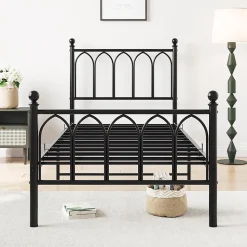 Lit 90x200 cm cadre metal noir avec tete et pied hauts, lattes acier robustes et rangement sous lit 27 cm