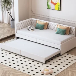 Lit 90x200 cm, canapé convertible extensible avec sommier à lattes, velours, lit enfant et lit d'appoint - Beige