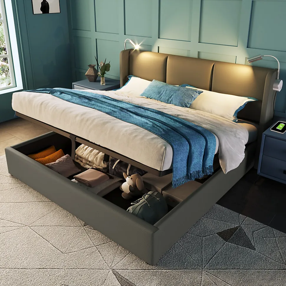 Lit 140x200 cm coffre avec sommier relevable, tête de lit tapissée PU gris et lampe de lecture à chargeur USB