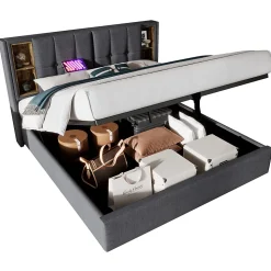 Lit 180x200 cm coffre de rangement avec tête de lit charge sans fil, tapissé coton gris