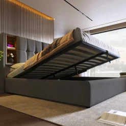 Lit 180x200 cm coffre de rangement avec tête de lit charge sans fil, tapissé coton gris