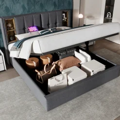 Lit 180x200 cm coffre de rangement avec tête de lit charge sans fil, tapissé coton gris
