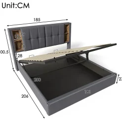 Lit 180x200 cm coffre de rangement avec tête de lit charge sans fil, tapissé coton gris