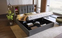 Lit 180x200 cm coffre de rangement avec tête de lit charge sans fil, tapissé coton gris