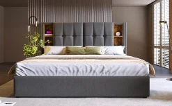 Lit 180x200 cm coffre de rangement avec tête de lit charge sans fil, tapissé coton gris