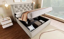 Lit 160x200 cm coffre de rangement avec sommier relevable et tête de lit tapissée en coton gris clair