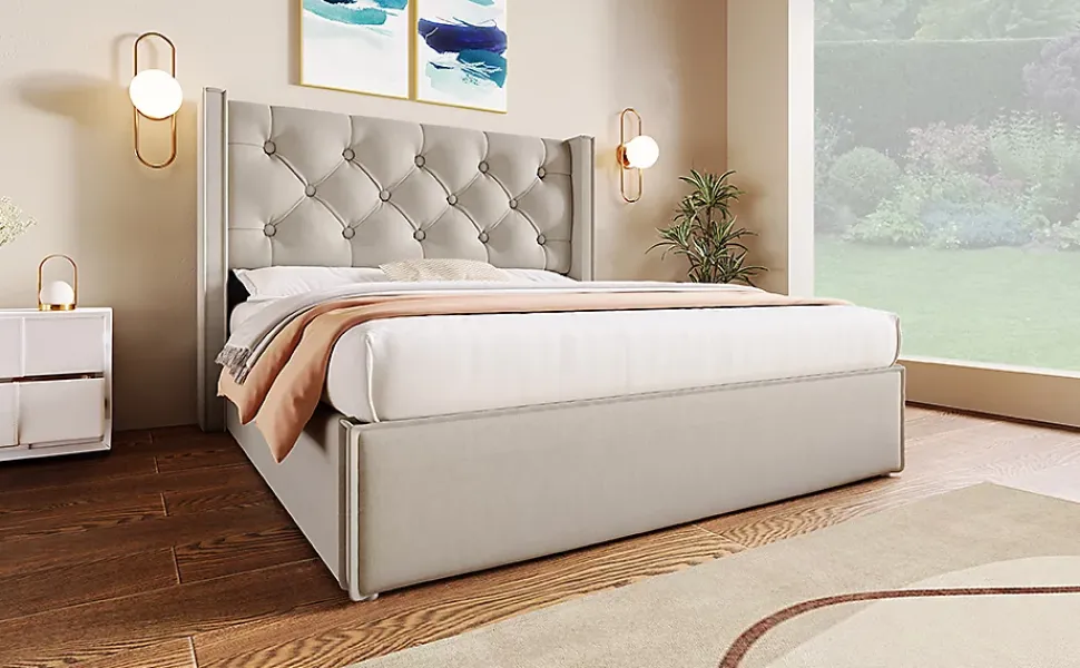 Lit 160x200 cm coffre de rangement avec sommier relevable et tête de lit tapissée en coton gris clair