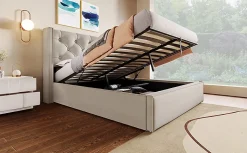 Lit 160x200 cm coffre de rangement avec sommier relevable et tête de lit tapissée en coton gris clair