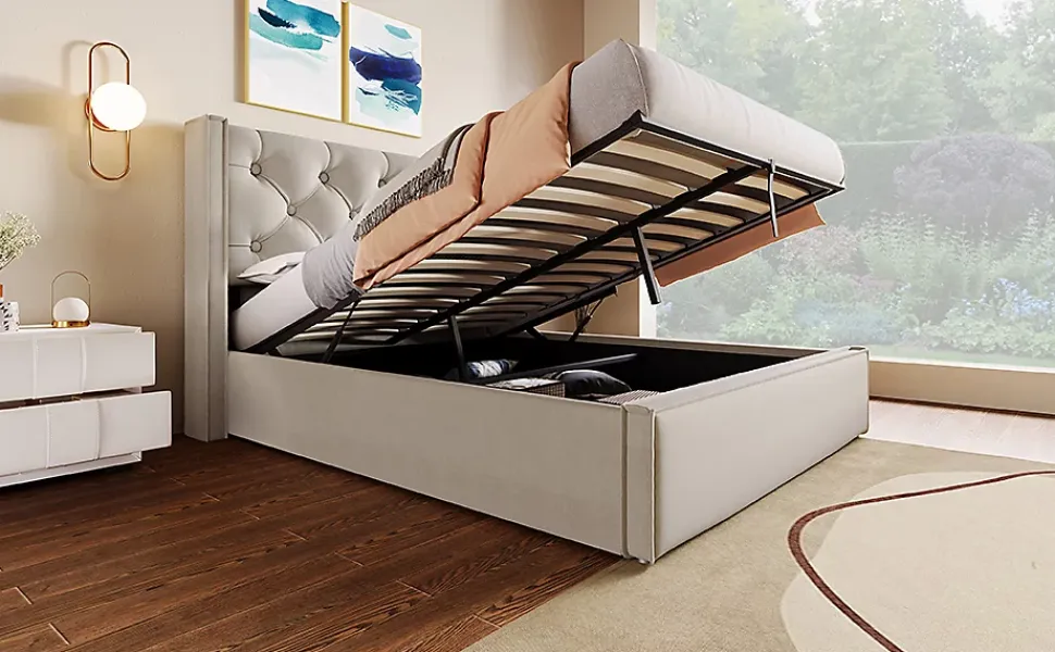 Lit 160x200 cm coffre de rangement avec sommier relevable et tête de lit tapissée en coton gris clair