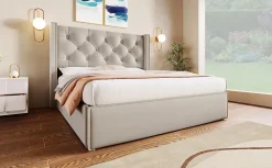 Lit 160x200 cm coffre de rangement avec sommier relevable et tête de lit tapissée en coton gris clair