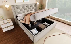 Lit 160x200 cm coffre de rangement avec sommier relevable et tête de lit tapissée en coton gris clair
