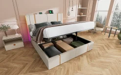 Lit 180x200 cm coffre de rangement et sommier relevable, tapissé lin beige, ports USB/Type-C, éclairage LED